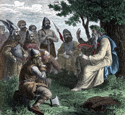A Bard يتلو على Northmen - Viking Civilization: A Bard Druid يقرأ Poesy للمحاربين ، القرنين الثامن والتاسع بواسطة فنان غير معروف