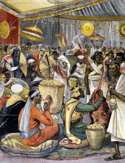 مأدبة في بلاط الملك منليك الثاني (1844 - 1913) في إثيوبيا. مريضة لصحافة أواخر القرن التاسع عشر. بواسطة فنان غير معروف