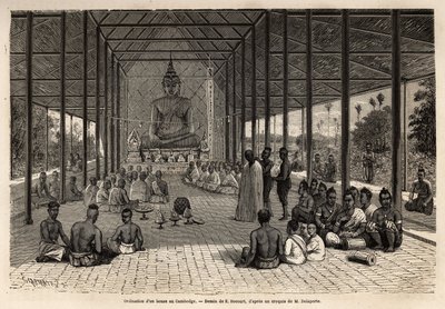 مراسم ترسيم من البرونز في معبد بالقرب من أنغكور ، كمبوديا. نقش لتوضيح رحلة الاستكشاف في الهند الصينية ، بقلم فرانسيس غارنييه ، الملازم دي فايسو ، في 1866-1868 ، نُشر في "" Le tour du monde "" "1870-1871 ، تم تحريره بواسطة بواسطة فنان غير معروف
