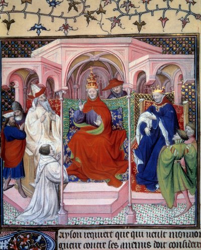 مجلس برئاسة البابا كليمنت الخامس (1264-1314) (في حضور الملك على الأرجح فيليب بيل). صورة مصغرة مأخوذة من La Fleur des Histoires de la terre d