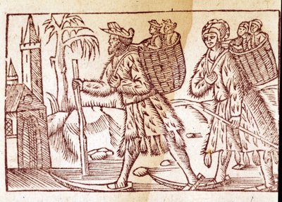 عائلة من النرويجيين يسافرون على الزلاجات. نقش بواسطة Olaus Magnus (1490 - 1557) ، عالم ديني وجغرافي سويدي ، "Historia de Gentis Septentrionalibus" ، البندقية بواسطة فنان غير معروف
