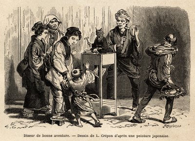 عراف في شوارع إيدو (طوكيو الآن). نقش لتوضيح الرحلة إلى اليابان ، بقلم آيم هامبرت ، وزير الاتحاد السويسري ، في ١٨٦٣-١٨٦٤ ، نُشر في "" le tour du monde "، تحت إشراف إدوارد شارتون ، هاشيت ، باري بواسطة فنان غير معروف