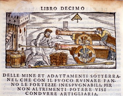 مدفعي يحمل بندقية بالمتفجرات. نقش من حلب المعادن "De la Pyrotechnia" (أو Pirotechnia) بواسطة Vannoccio Biringuccio (1480-1539) 1550. بواسطة فنان غير معروف