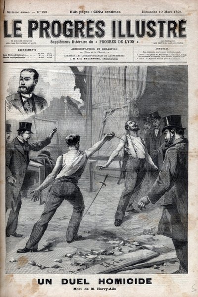 مبارزة القتل - في 1 مارس 1895 ، مبارزة مع spee بين عضوين من لجنة إفريقيا الفرنسية ، اللذان كانا في السابق رفيقين جيدين ، ألفريد لو شاتيلير وهيبوليت بيرشر ، الملقب هاري أليس ، وهذا بواسطة فنان غير معروف