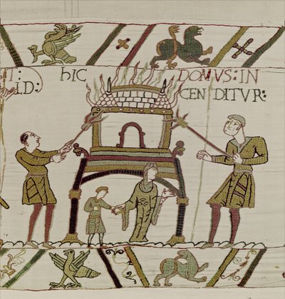 منزل أحرقه النورمانديون ، Bayeux Tapestry (تطريز الصوف على الكتان) بواسطة فنان غير معروف