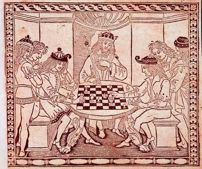 ملك يشاهد لعبة الشطرنج Xylography من مقدمة الكتاب "De Ludo Scorcorum" لجاكوبو دي سيسولز (القرن الرابع عشر) البندقية مكتبة مارسيانا بواسطة فنان غير معروف