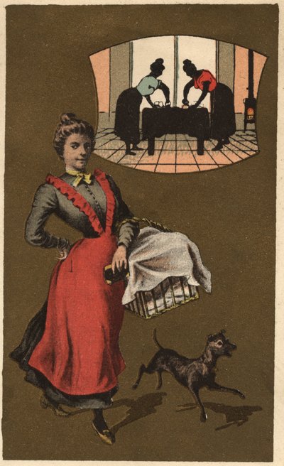 آلة غسيل تحمل الغسيل في سلة. الطباعة الحجرية الملونة المجهولة ، أواخر القرن التاسع عشر. بواسطة فنان غير معروف