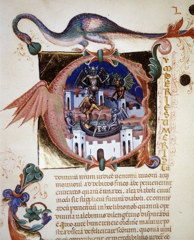 حرف "أ" مصغر يمثل مدينة الشيطان. مخطوطة من القرن الرابع عشر "De Civitate Dei" للقديس أوغسطين. مكتبة بلدية ريميني بواسطة فنان غير معروف