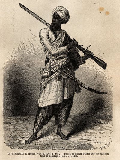 متسلق جبال من الهزارة (البنجاب ، الهند). نقش لتوضيح الرحلة إلى Pandjab وكشمير ، قصة كتبها Guillaume Lejean ، في عام 1866 ، نُشرت في "Le tour du monde ، nouveau journal des voyages" ، تحت إشراف إدوارد شارتون بواسطة فنان غير معروف