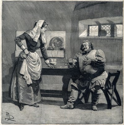 مشهد من "فالستاف" من اسم أوبرا جوزيبي فيردي تم إنشاؤه عام 1893. نقش في "Le Parisien" بواسطة فنان غير معروف