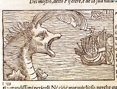 حوت العنبر (؟) (فيزيتر) يهاجم سفينة. نقش بواسطة Olaus Magnus (1490 - 1557) ، عالم ديني وجغرافي سويدي ، "Historia de Gentis Septentrionalibus" ، البندقية بواسطة فنان غير معروف