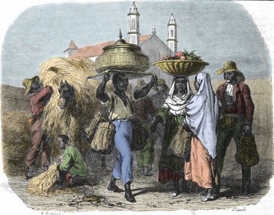 بائع خبز متجول في كوبا ، نقش عام 1870 بواسطة فنان غير معروف
