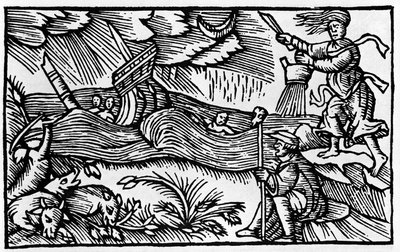 ساحرة تسبب عاصفة بعد "Historia de gentis nortentrionalibu" بواسطة Olaus Magnus ، روما 1555 بواسطة فنان غير معروف