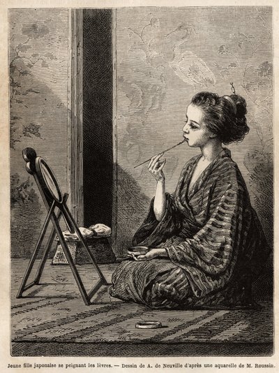 فتاة صغيرة من ييدو (أو إيدو ، طوكيو حاليًا) ، ترسم شفتيها أمام مرآتها ، لها أبعاد صندوق الورنيش الذي يحتوي على احتياجاتها: الأمشاط ، والفرش ، ودبابيس الشعر ، ومسحوق الأسنان ، ومسحوق الأرز ومستحضرات التجميل الأخرى. نقش لتوضيح بواسطة فنان غير معروف