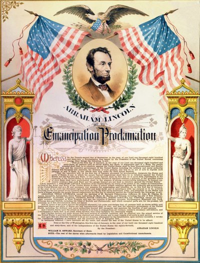 أبراهام لنكولن وإعلانه تحرير العبيد (الأعلام والنسر). 22/09/1862. بواسطة فنان غير معروف