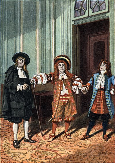 الفصل الثاني من الباليه الكوميدي "Le Bourgeois Gentilhomme" في خمسة أعمال نثرية لموليير. سيد الفيلسوف (السيد لينوار) ، سيد الرقص (السيد تروفييه) ، السيد جوردان (السيد كوكلين الأصغر). حوالي عام 1890. بواسطة فنان غير معروف