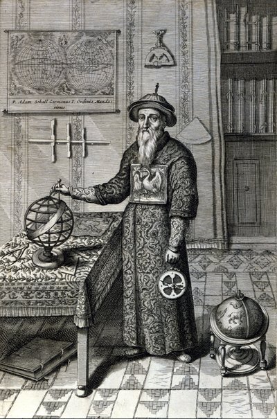 آدم شال ، عالم فلك (1592-1666) يرتدي زي الماندرين في مرصد بيكين ، في "الصين" لأثاناسي كيرشر (أو أثناسيوس كيرشيري) بواسطة فنان غير معروف