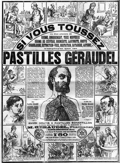 إعلان عن أقراص Geraudel للصيدلي Arthur Geraudel (1841-1906) وهو Sainte-Menehould (Sainte Menehould) ضد السعال. نقش في "" Le monde اللامع "" بواسطة فنان غير معروف