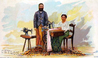 إعلان عن ماكينات الخياطة سينجر ، سيلان (سيريلانكا الحالية). 1892 بواسطة فنان غير معروف