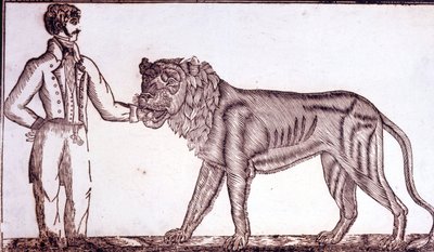 إعلان للسيرك عام 1800 يصور مروضًا يضع يده في فم أسد. بواسطة فنان غير معروف