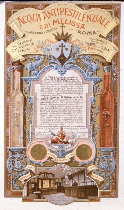 الإعلان عن المياه المعطرة: الماء ضد وباء بلسم الليمون. الطباعة الحجرية الملونة لعام 1895 بواسطة فنان غير معروف