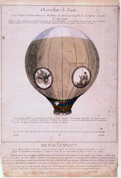 تم بناء Aerostat de Lyon من نموذج للأخوين Montgolfiere (جوزيف وإتيان) ، حوالي عام 1783. نقش من القرن التاسع عشر. باريس ، BN بواسطة فنان غير معروف