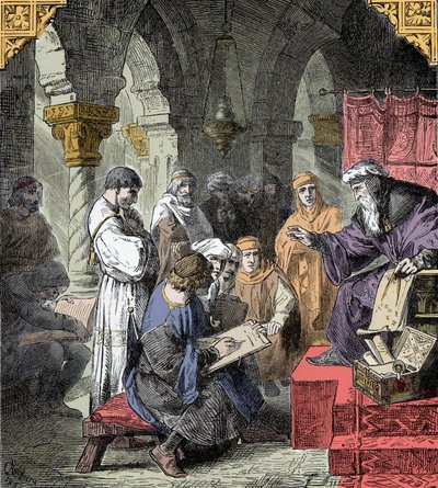 الكيمياء وعلم التنجيم يتم تدريسهما في المدارس - تعليم العلوم في العصور الوسطى: مدرس يعطي محاضرة عن علم الفلك والكيمياء للشباب بواسطة فنان غير معروف