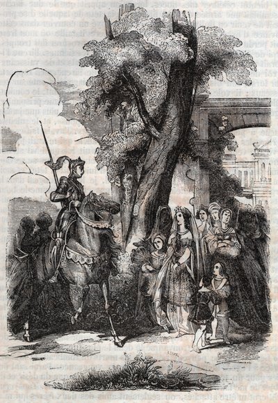 تأتي ألسينا ومحكمتها لتحية روجيرو - نقش عام 1851 من قصيدة أورلاندو فوريوسو (1516) للودوفيكو أريوستو - طبعة مترجمة من الإيطالية بواسطة كونت تريسان ونشرها غوستاف هارفارد 1851 بواسطة فنان غير معروف
