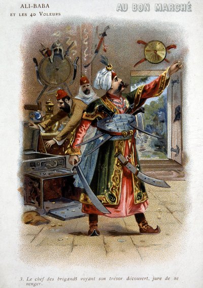 علي بابا (علي بابا) والأربعون حراميًا (حكايات الألف ليلة وليلة): رئيس اللصوص وهو يرى كنزه مكشوفًا ، يقسم بالانتقام - كرتون "المسيرة الطيبة" ، أواخر القرن التاسع عشر بواسطة فنان غير معروف