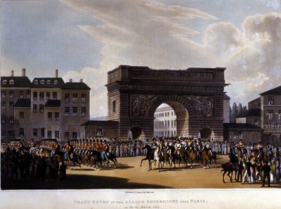 دخل الحلفاء باريس في 31 مارس 1814 (روسيا الكسندر الأول ، الإمبراطور النمساوي فرانسوا الأول والملك البروسي فريدريك ويليام الثالث.) نقش عام 1826 بواسطة فنان غير معروف
