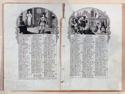 التقويم التقويمي لعام 1837 مشاهد مزخرفة لأوبرا لا سونامبولا ، بواسطة فينسينزو بيليني بواسطة فنان غير معروف