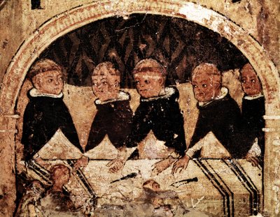 مذبح حياة القديس دومينيكا في جوزمان (1170-1221) ، مؤسس الرهبنة الدومينيكانية: مجموعة من الرهبان الدومينيكيين. الرسم على الخشب من القرن الثالث عشر. نابولي ، متحف ناسيونالي دي كابوديمونتي بواسطة فنان غير معروف