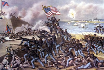 الحرب الأهلية الأمريكية (1861 - 1865): هجوم على فورت واغنر في جزيرة جيكل قبالة جورجيا بواسطة 2000 متطوع أسود في يوليو 1863. نقش من القرن التاسع عشر. بواسطة فنان غير معروف