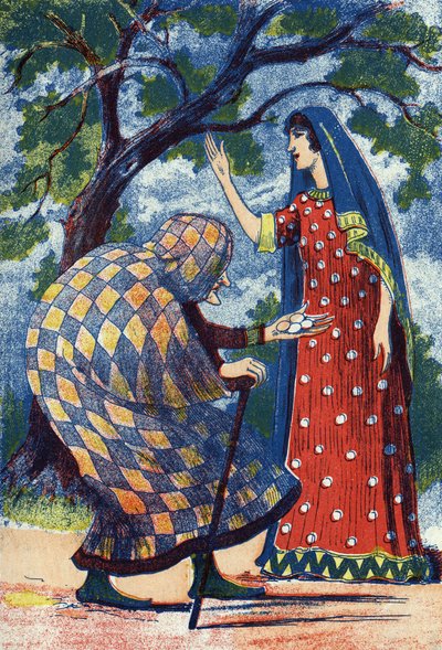 سيدة عجوز تعطي أربع بيضات لفلورين. رسم توضيحي مجهول لقصة "L'oiseau Bleu" ، حكاية الكاتبة الفرنسية مدام دي أولني (1650-1705). الصور مارسيل فاني ، جارفيل نانسي ، بدون تاريخ (أواخر القرن التاسع عشر). بواسطة فنان غير معروف