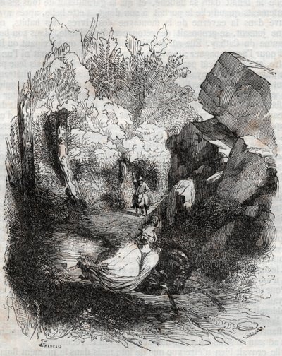 أنجيليك (أنجليكا) تفر من الناسك القديم - نقش عام 1851 من "Furious Roland" (أورلاندو فوريوسو) (القرن السادس عشر) بواسطة Ludovico Ariosto ، المعروف باسم Ariosta - طبعة مترجمة من الإيطالية بواسطة Count of Tressan ونشرها Gustave Harvard 1 بواسطة فنان غير معروف