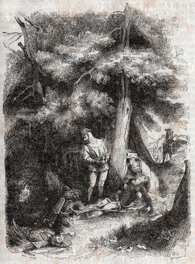 أنجيليك (أنجليكا) إنقاذ ميدور (ميدورو) wesse - نقش 1851 من "Furious Roland" (أورلاندو فوريوسو) (القرن السادس عشر) من قبل Ludovico Ariosto ، المعروف باسم Ariosta - طبعة مترجمة من الإيطالية بواسطة Count of Tressan ونشرها غوستاف هارف بواسطة فنان غير معروف