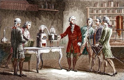 قام أنطوان لوران لافوازييه (1743-1894) بتنفيذ la decomposition de l'air en 1776 - أنطوان لوران لافوازييه الكيميائي الإنجليزي ، حيث أظهر زملائه العلماء تجربته التي كشفت عن تكوين الهواء في 1776 - نقش من لويس فيجيه بواسطة فنان غير معروف