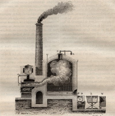 جهاز من تصميم Michel de Marseille لتقطير الكبريت الخام - نقش في Les Merveilles de l'Industrie بواسطة Louis Figuier بواسطة فنان غير معروف