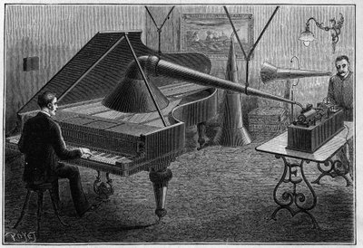 جهاز لتسجيل قطعة بيانو بواسطة الفونوغراف ، اختراع توماس ألفا إديسون (1847-1931). النقش في "" الطبيعة. مجلة العلوم وتطبيقاتها في الفنون والصناعة " بواسطة فنان غير معروف