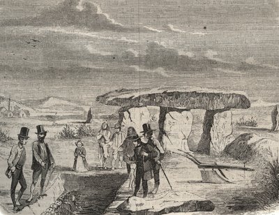 الحفريات الأثرية: اكتشاف مقابر الغال بالقرب من Dolmen de la Pierre aux Fees (Pierre-aux-Fees) في الواحة (60). نقش من 1856 في "" Le Musee Des Sciences "" بواسطة فنان غير معروف