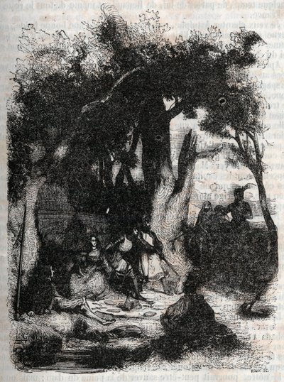 وصول Rodomont و Mandricard إلى نافورة Merlin - نقش 1851 من "Roland furieux" (أورلاندو فوريوسو) (القرن السادس عشر) بواسطة Ludovico Ariosto ، المعروف باسم Ariosta - طبعة مترجمة من الإيطالية بواسطة Count of Tressan ونشرها بواسطة فنان غير معروف