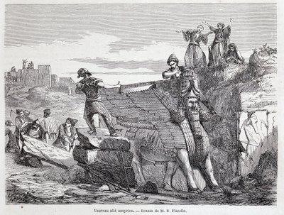 ثور مجنح آشوري في موقع نينوى - في الشوط الأول "" Tour du monde ". 1863. بواسطة فنان غير معروف