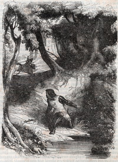 Astolphe على حافة نافورة - نقش عام 1851 من "Furious Roland" (أورلاندو فوريوسو) (القرن السادس عشر) بواسطة Ludovico Ariosto ، المعروف باسم Ariosta - طبعة مترجمة من الإيطالية بواسطة Count of Tressan ونشرها Gustave Harvard 1851 بواسطة فنان غير معروف