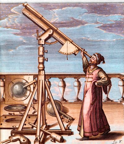 عالم فلك يراقب السماء باستخدام تلسكوب - من: يوهانس هيفيليوس (1611-1687) ، سيلينوغرافيا ، سيف لوناي ديسكريبتيو (سيلينوغرافيا ، أو وصف القمر) بواسطة فنان غير معروف