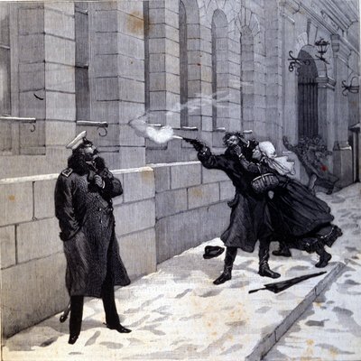 هجوم موجه ضد القيصر الكسندر الثاني (1818 - 1881) في سانت بطرسبرغ عام 1879. نقش من القرن التاسع عشر بواسطة فنان غير معروف