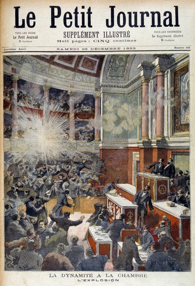 هجوم في مجلس النواب. انفجار ناتج عن قنبلة طرحها الأناركي أوغست فيلانت (1861-1894). في "" مجلة لو بيتيت "، 23/12/1893 بواسطة فنان غير معروف