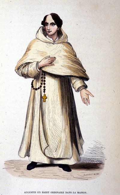 القديس أوغسطينوس بالزي العادي والديني حسب قواعد القديس أوغسطينوس. نقش القرن التاسع عشر. بواسطة فنان غير معروف