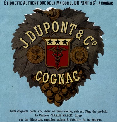 تسمية أصلية من J. Dupont & C، Cognac. طبعة عام 1882 بواسطة فنان غير معروف