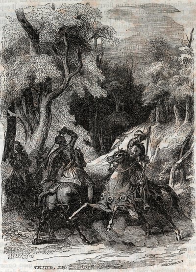معركة بين Roland و Ferragus - نقش عام 1851 من "Furious Roland" (أورلاندو فوريوسو) (القرن السادس عشر) بواسطة Ludovico Ariosto ، المعروف باسم Ariosta - نسخة مترجمة من الإيطالية بواسطة Count of Tressan ونشرها Gustave Harvard 1851 بواسطة فنان غير معروف