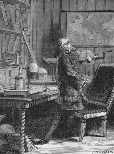 بنجامين فرانكلين في معمل الفيزياء الخاص به في فيلادلفيا. في "Album de la Science" ، Éditions Jouvet بواسطة فنان غير معروف